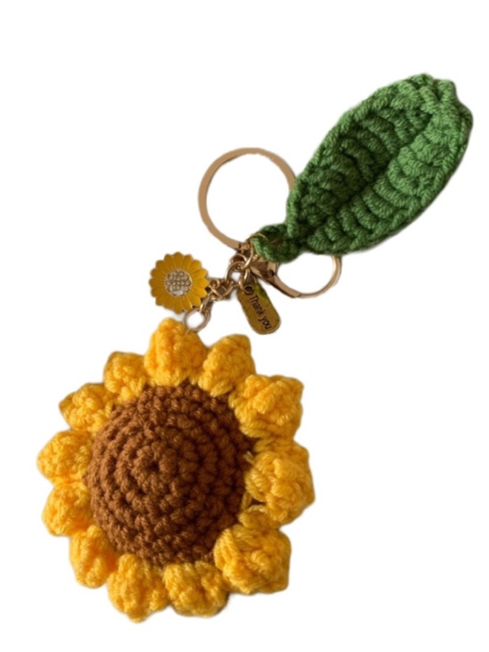 Crocheted Yellow and Brown Sunflower and Green Leaf Goldtone Keychain Bag Charm